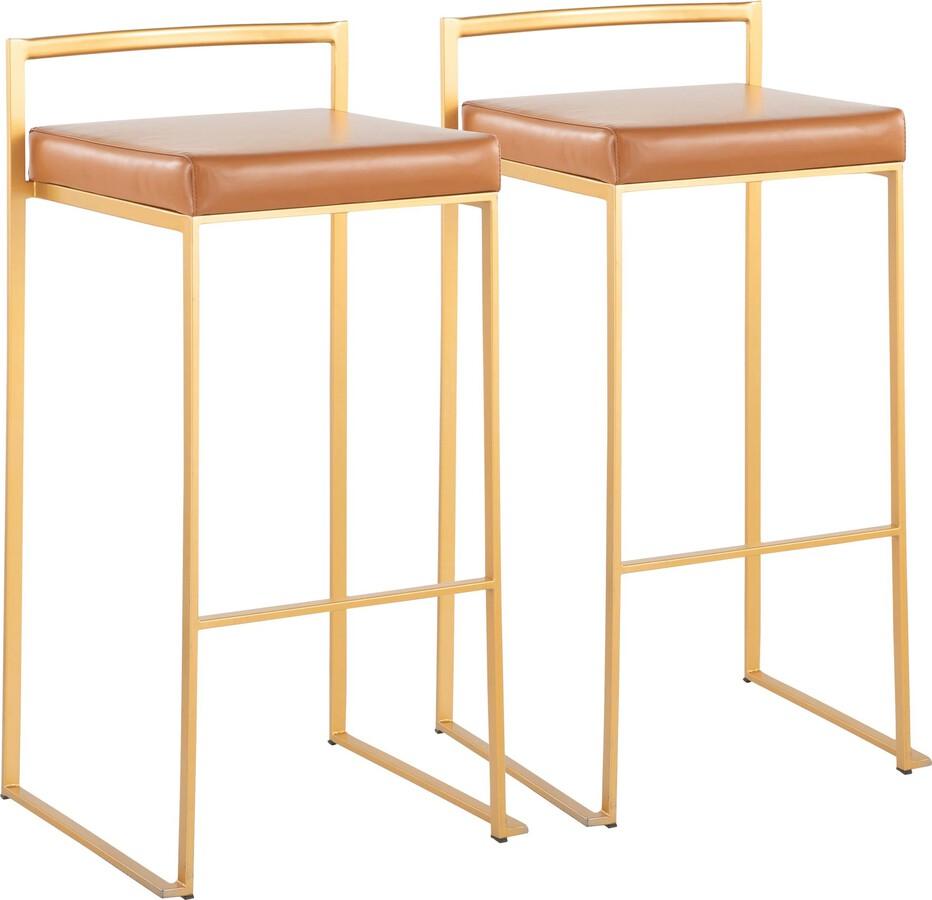 Lumisource Barstools - Fuji Contemporary Barstool in Gold with Camel Faux Leather - Set of 2