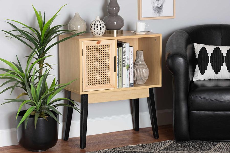 Wholesale Interiors Consoles - Dacre Oak Brown and Black Finished Wood 1-Door Console Table with Natural Rattan