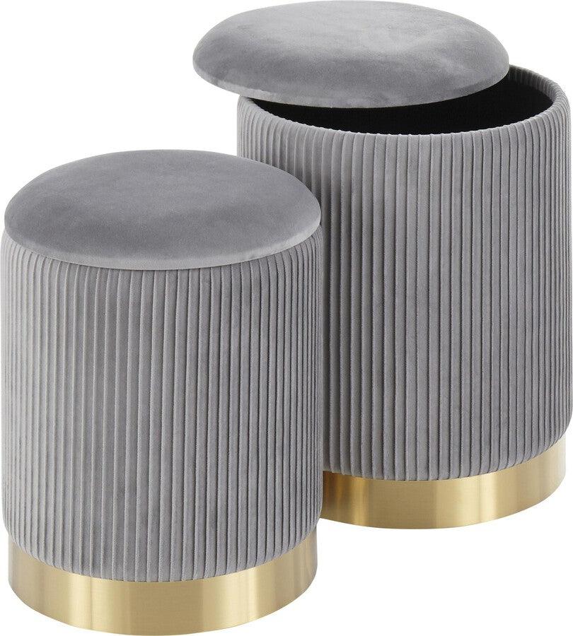 Lumisource Living Room Sets - Marla Contemporary Nesting Pleated Ottoman Set in Gold Metal and Grey Velvet
