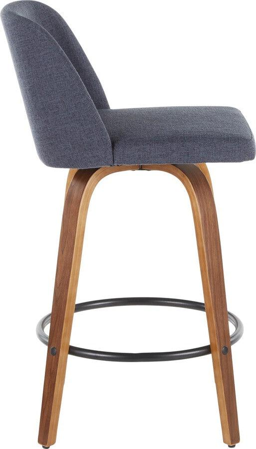 Lumisource Barstools - Toriano Modern Counter Stool in Walnut and Blue Fabric - (Set of 2)