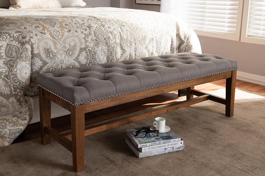 Wholesale Interiors Benches - Ainsley Contemporary Grey Fabric Upholstered Walnut Finished Solid Rubberwood Bench