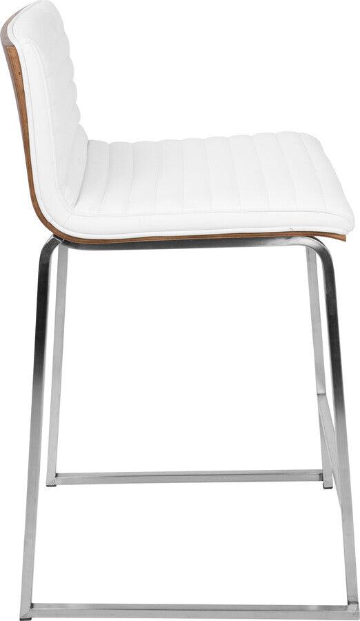 Lumisource Barstools - Mara 26" Contemporary Counter Stool in Brushed Stainless Steel, Walnut Wood, and White Faux Leather
