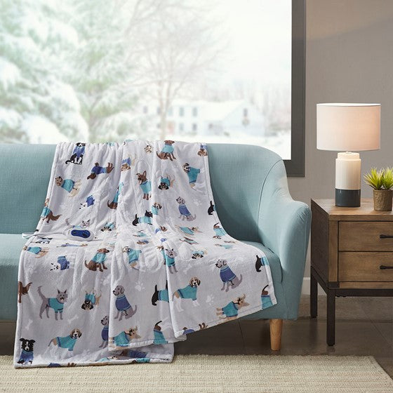 Olliix.com Heated Blankets - Printed Heated Throw Grey Dogs