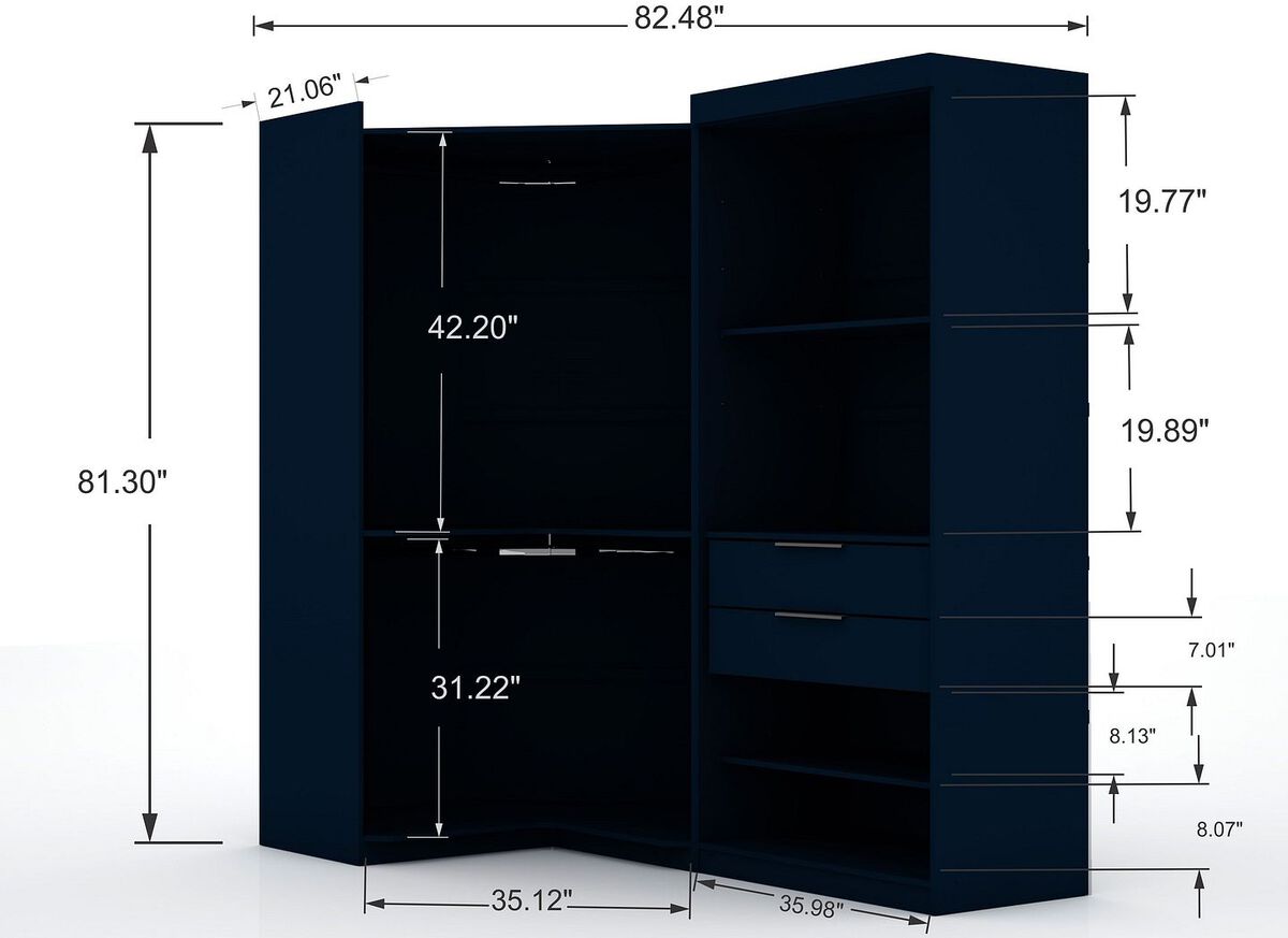 Manhattan Comfort Cabinets & Wardrobes - Mulberry 3.0 Sectional Corner Wardrobe Closet - Set of 2 in Tatiana Midnight Blue