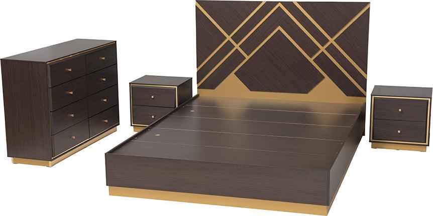 Wholesale Interiors Bedroom Sets - Arcelia Two-Tone Dark Brown and Gold Finished Wood Queen Size 4-Piece Bedroom Set