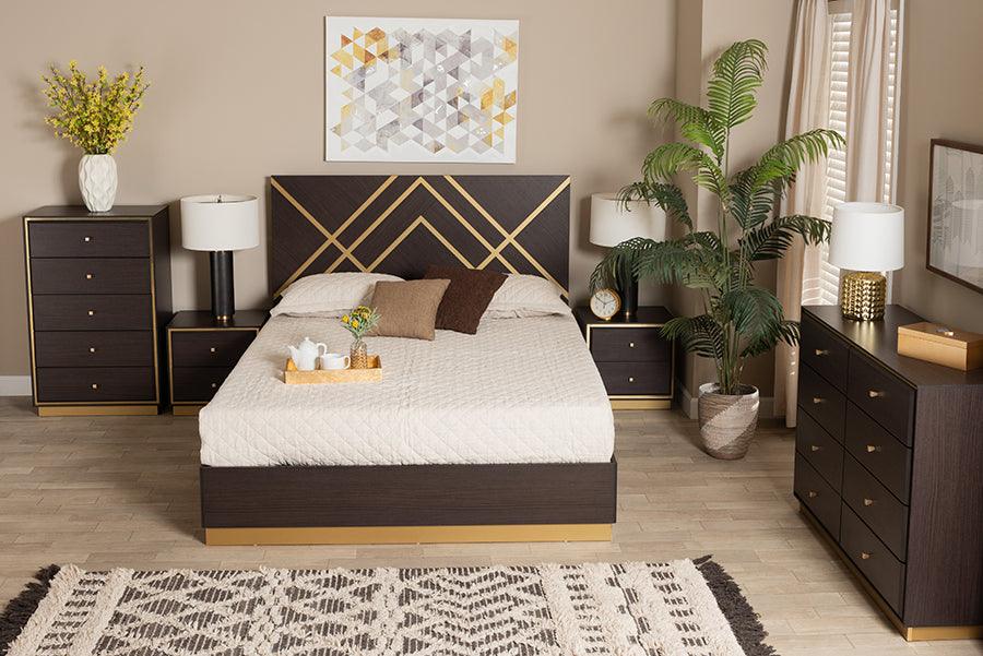 Wholesale Interiors Bedroom Sets - Arcelia Two-Tone Dark Brown and Gold Finished Wood Queen Size 5-Piece Bedroom Set