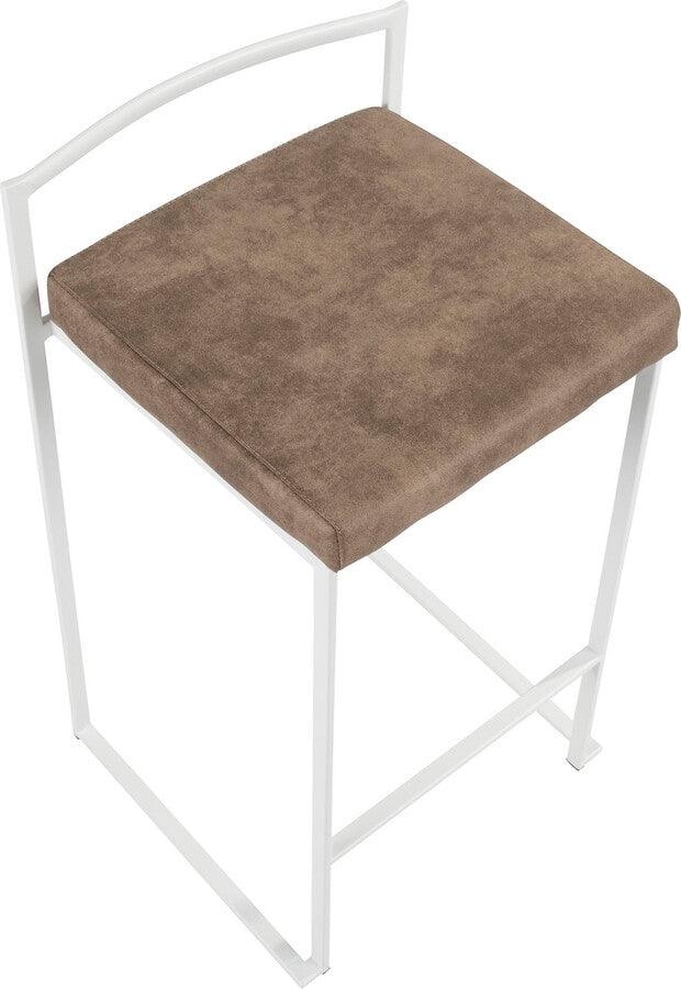Lumisource Barstools - Fuji Contemporary Stackable Counter Stool in White with Brown Cowboy Fabric Cushion - Set of 2