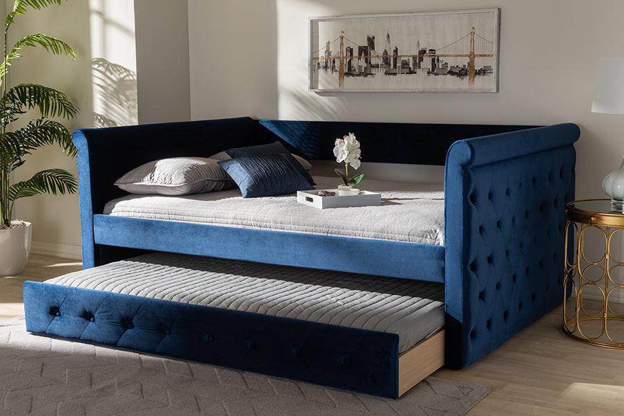 Wholesale Interiors Daybeds - Amaya Modern and Contemporary Blue Velvet Full Size Daybed with Trundle