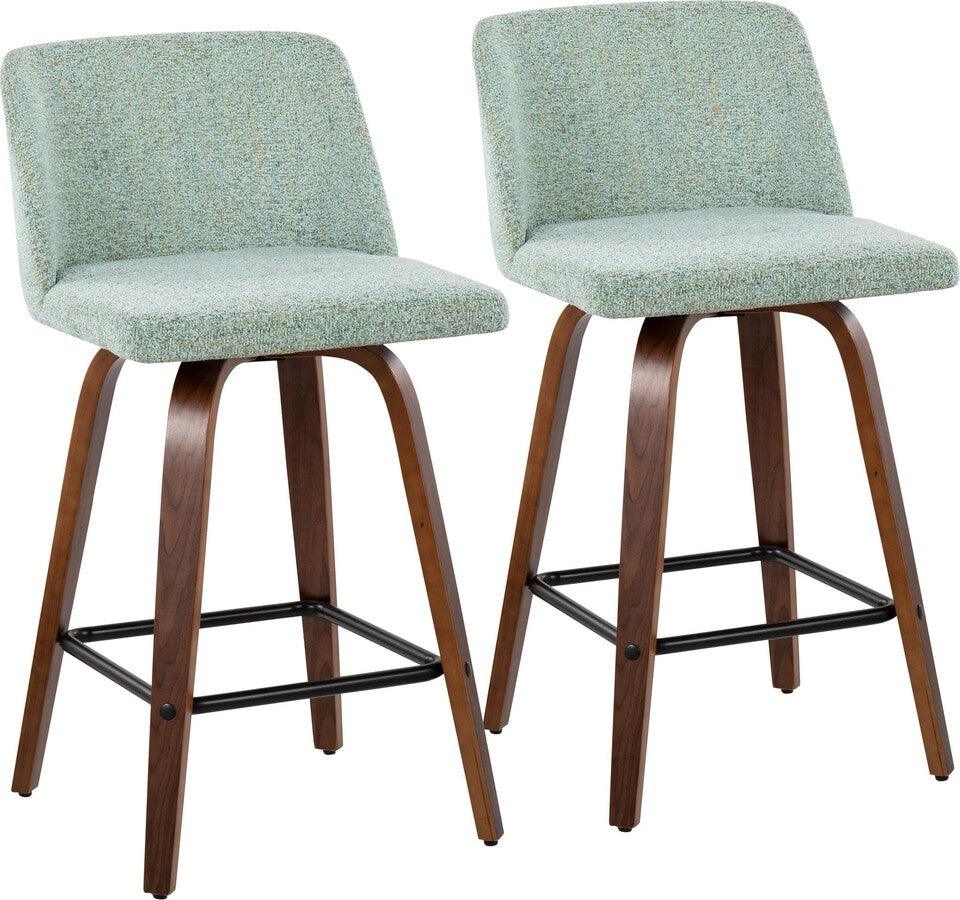 Lumisource Barstools - Toriano Fixed-Height Counter Stool In Walnut Wood & Light Green Fabric (Set of 2)