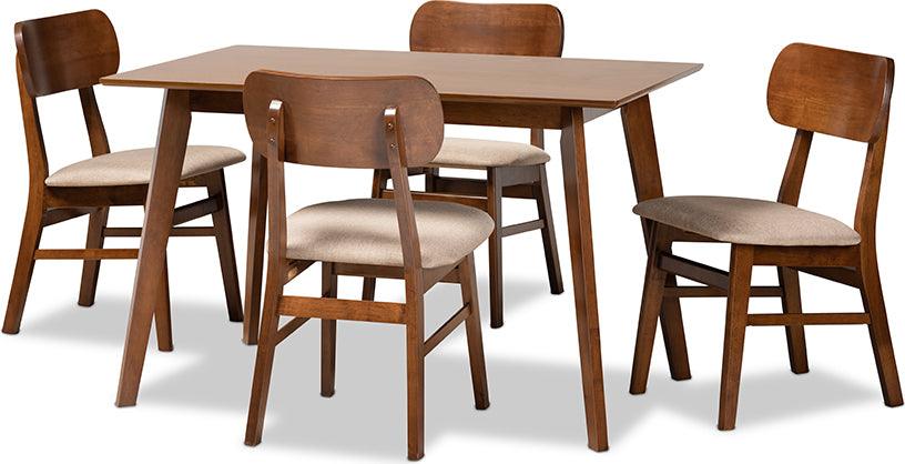 Wholesale Interiors Dining Sets - Euclid Mid-Century Modern Fabric and Walnut Brown Finished Wood 5-Piece Dining Set