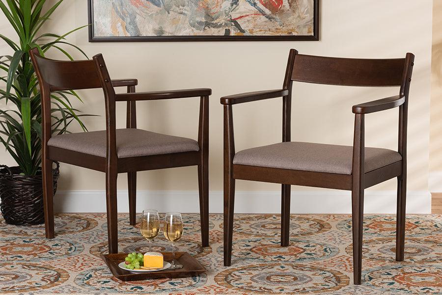 Wholesale Interiors Dining Chairs - Coretta Mid-Century Modern Warm Grey Fabric and Dark Brown Finished Wood 2-Piece Dining Chair Set