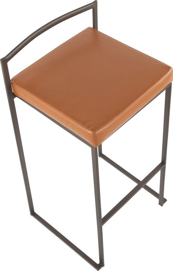 Lumisource Barstools - Fuji Industrial Stackable Barstool in Antique with Camel Faux Leather Cushion - Set of 2