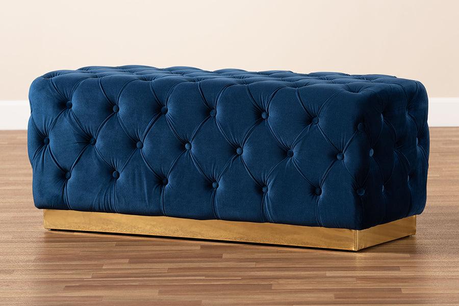 Wholesale Interiors Ottomans & Stools - Corrine Glam and Luxe Navy Blue Velvet Fabric Upholstered and Gold PU Leather Ottoman