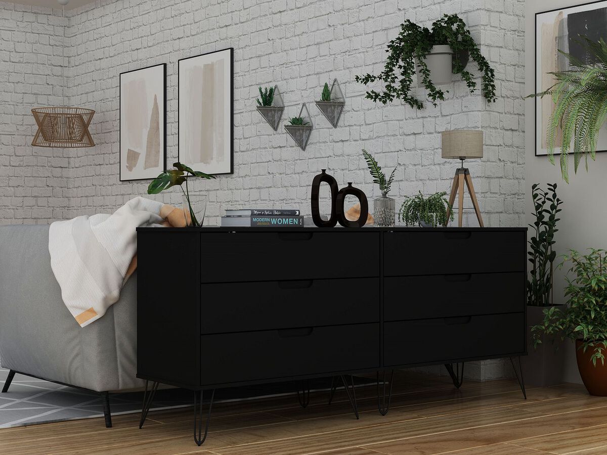Rockefeller 6 Drawer Double Low Dresser with Metal Legs in Black
