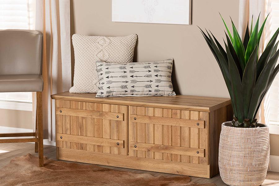 Wholesale Interiors Benches - Oswald Farmhouse Natural Oak Brown Finished Wood 2-Door Storage Bench