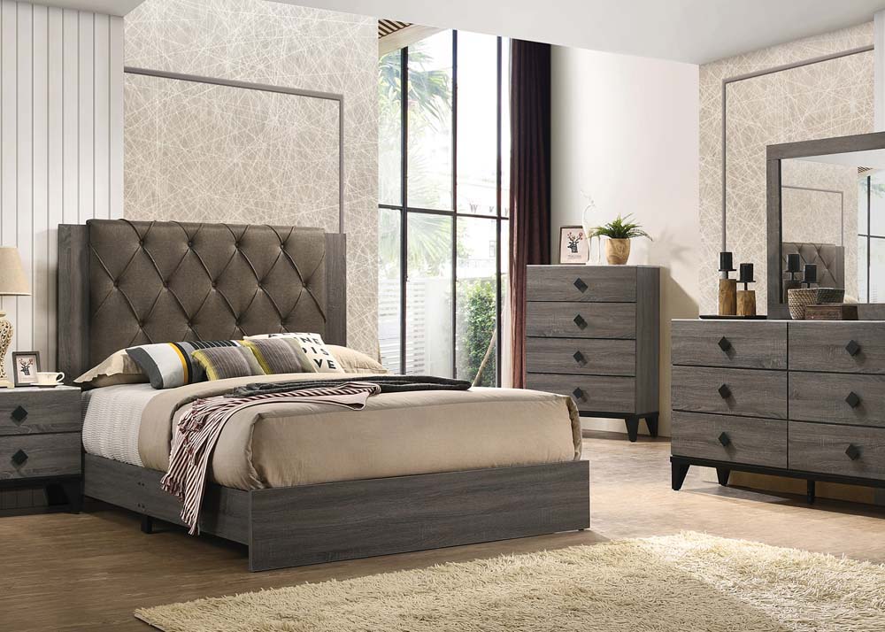 ACME Furniture Beds - ACME Avantika Eastern King Bed, Fabric & Rustic Gray Oak