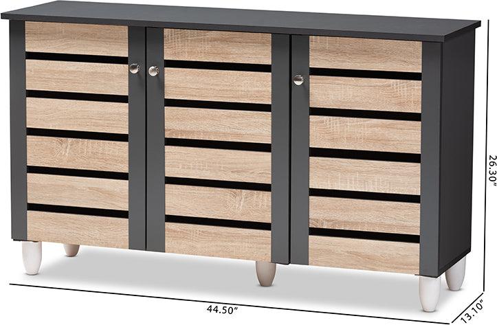 Wholesale Interiors Shoe Storage - Gisela Modern and Contemporary Two-Tone Oak and Dark Gray 3-Door Shoe Storage Cabinet