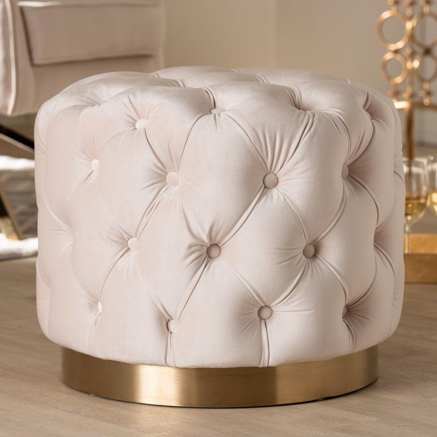 Wholesale Interiors Ottomans & Stools - Valeria Glam Light Beige Velvet Gold-Finished Button Tufted Ottoman