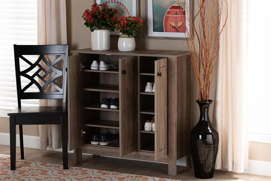 Wholesale Interiors Shoe Storage - Derek Transitional Rustic Oak Finished Wood 3-Door Shoe Cabinet