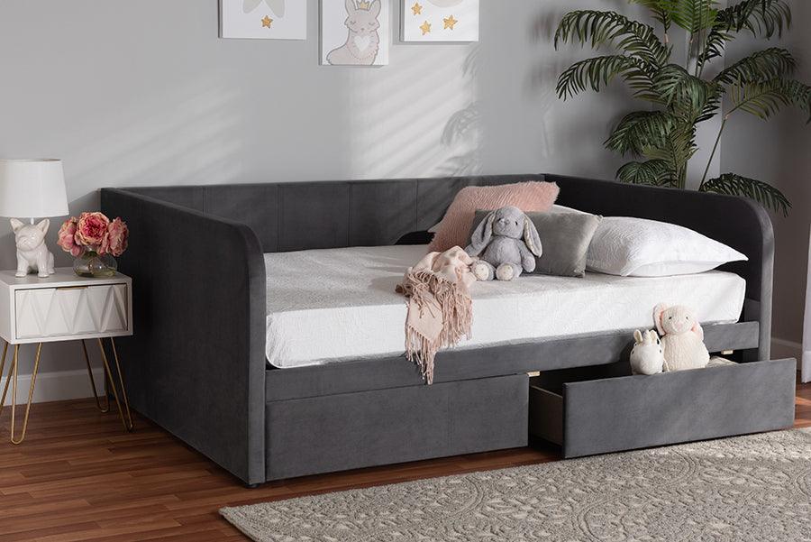 Wholesale Interiors Daybeds - Basanti Grey Velvet Fabric Upholstered Full Size 2-Drawer Daybed