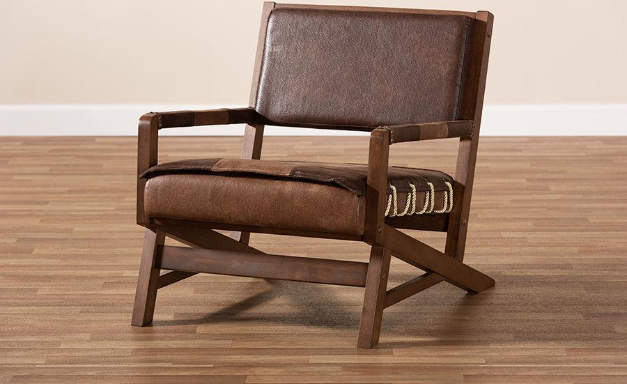 Wholesale Interiors Accent Chairs - Rovelyn Rustic Brown Faux Leather Upholstered Walnut Finished Wood Lounge Chair