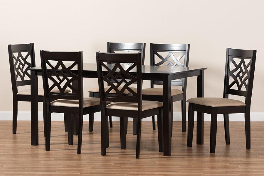 Wholesale Interiors Dining Sets - Nicolette Sand Fabric Upholstered and Dark Brown Finished Wood 7-Piece Dining Set