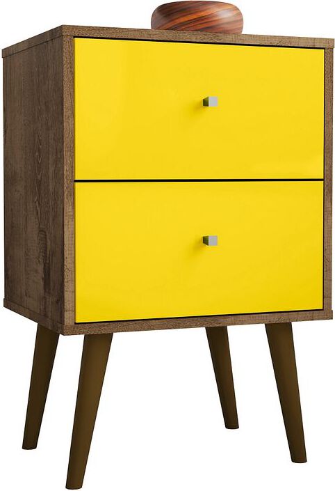 Manhattan Comfort Nightstands & Side Tables - Liberty Mid-Century - Modern Nightstand 2.0 with 2 Full Extension Drawers in Rustic Brown & Yellow