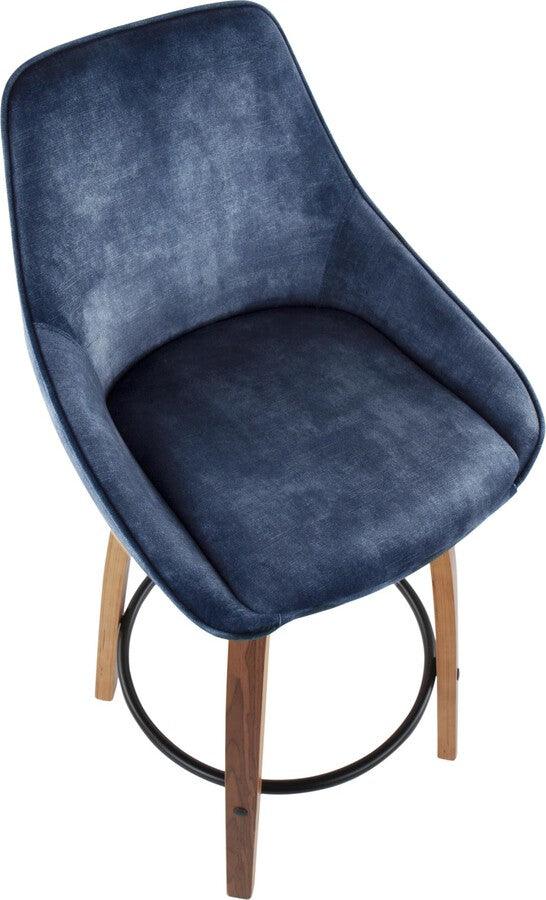 Lumisource Barstools - Diana Contemporary Counter Stool in Walnut Wood & Blue Velvet with Black Round Footrest - Set of 2