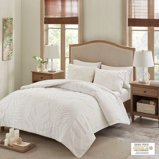 Olliix.com Comforters & Blankets - 3 Piece Tufted Cotton Chenille Palm Comforter Set Off-White Full/Queen