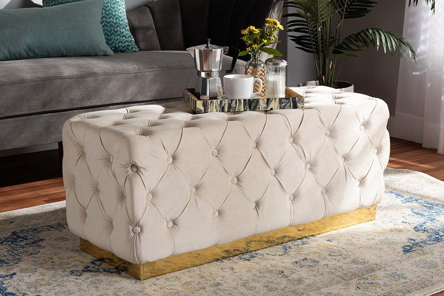 Wholesale Interiors Ottomans & Stools - Corrine Glam and Luxe Beige Velvet Fabric Upholstered and Gold PU Leather Ottoman
