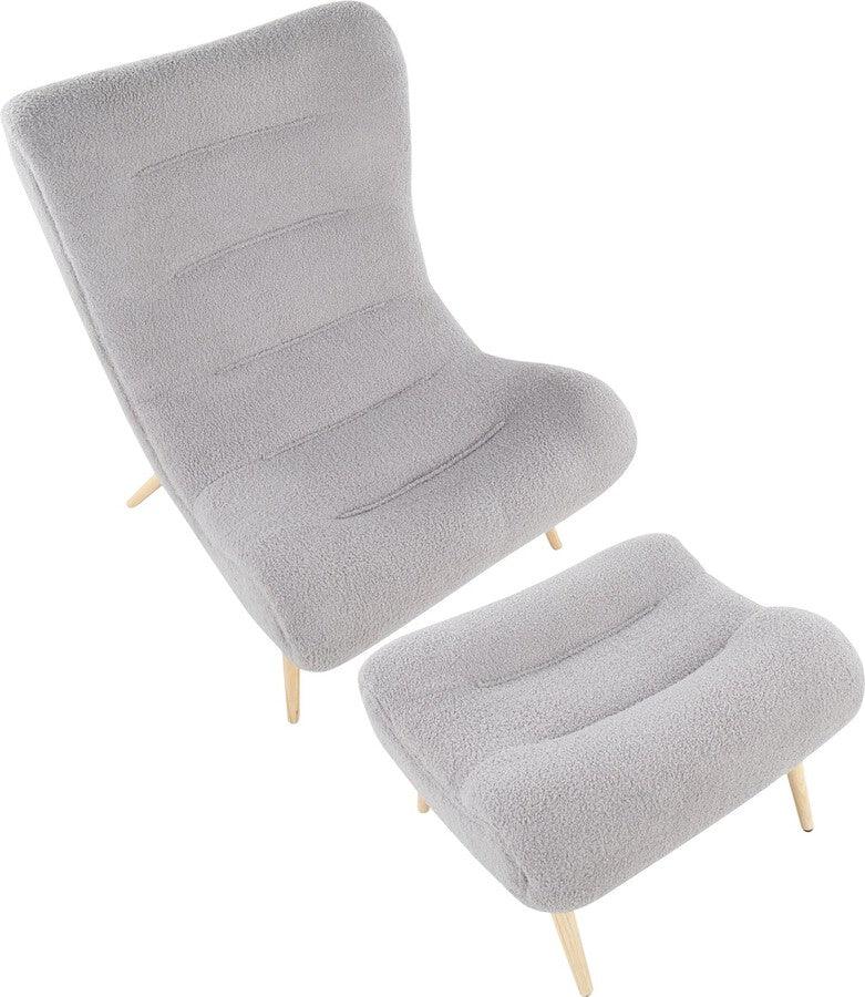 Lumisource Accent Chairs - Cloud Contemporary Chair In Natural Wood & Grey Sherpa Fabric With Ottoman