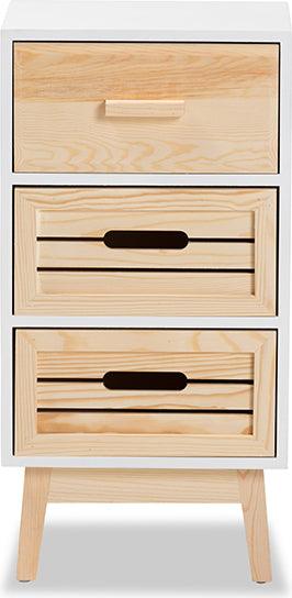 Wholesale Interiors Cabinets & Wardrobes - Kalida Mid-Century Modern Two-Tone White and Oak Brown Wood 3-Drawer Storage Cabinet