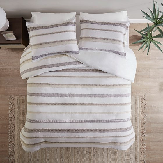 Olliix.com Duvet & Duvet Sets - 3 Piece Clipped Jacquard Duvet Cover Set Neutral Full/Queen