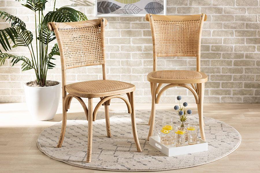 Wholesale Interiors Dining Chairs - Fields Mid-Century Modern Brown Woven Rattan and Wood 2-Piece Cane Dining Chair Set