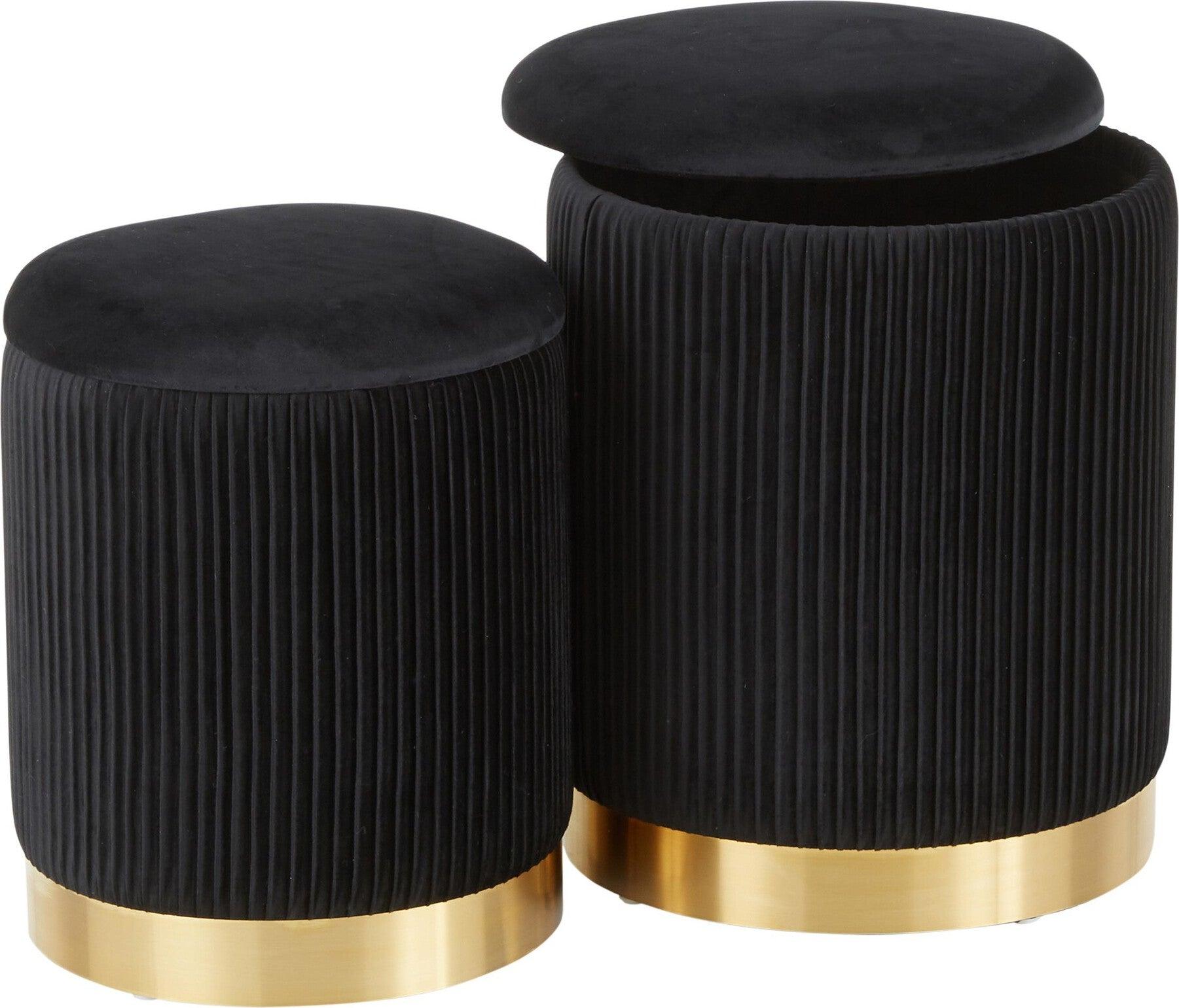 Lumisource Ottomans & Stools - Marla Contemporary Nesting Pleated Ottoman Set Gold Metal & Black Velvet