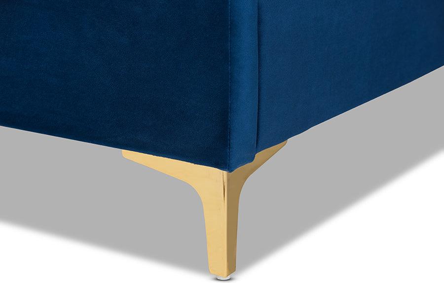 Wholesale Interiors Beds - Fabrico Glam and Luxe Navy Blue Velvet Fabric Upholstered and Gold Metal Full Size Platform Bed