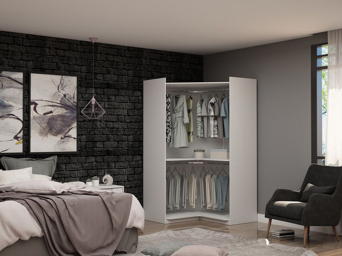 Manhattan Comfort Cabinets & Wardrobes - Mulberry Modern Open Corner Closet with 2 Hanging Rods in White