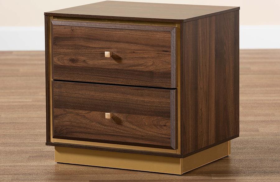 Wholesale Interiors Nightstands & Side Tables - Cormac Mid-Century Modern Transitional Brown Wood and Gold Metal 2-Drawer Nightstand
