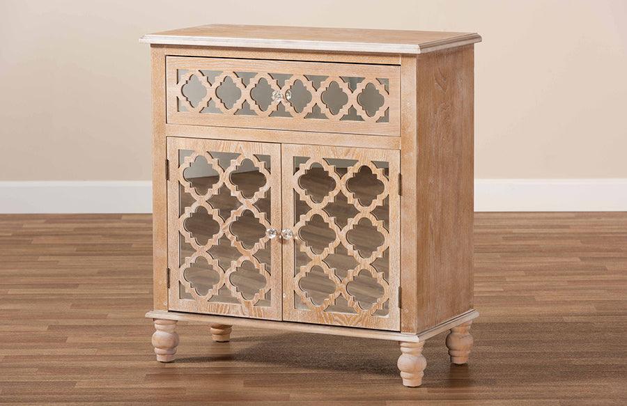 Wholesale Interiors Buffets & Cabinets - Leah Glam Farmhouse Rustic Oak Brown Mirrored 1-Drawer Quatrefoil Storage Cabinet