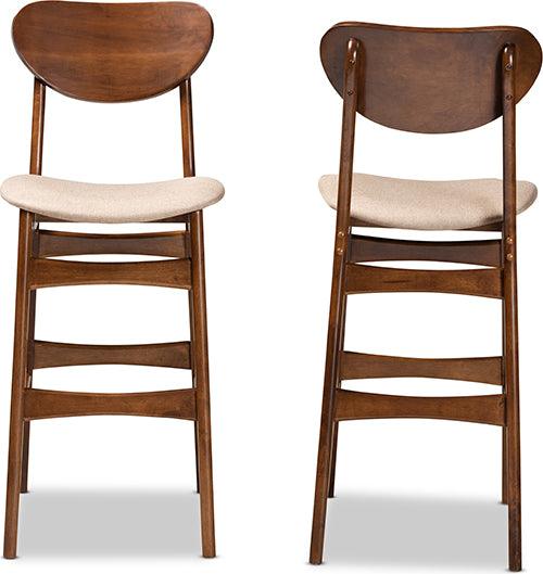 Wholesale Interiors Barstools - Katya Mid-Century Modern Sand Fabric and Brown Finished Wood 2-Piece Bar Stool Set