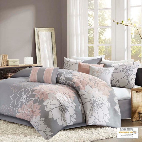 Olliix.com Comforters & Blankets - Comforter Set Grey/Peach Twin XL