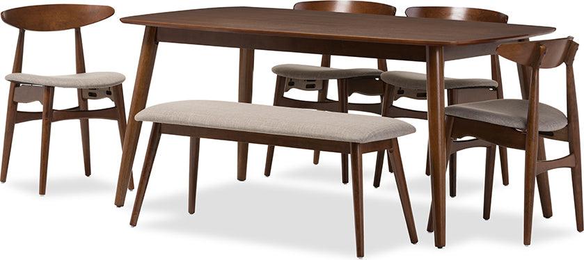 Wholesale Interiors Dining Sets - Flora Mid-Century Modern Grey Fabric and Brown Finishing Wood 6-Piece Dining Set