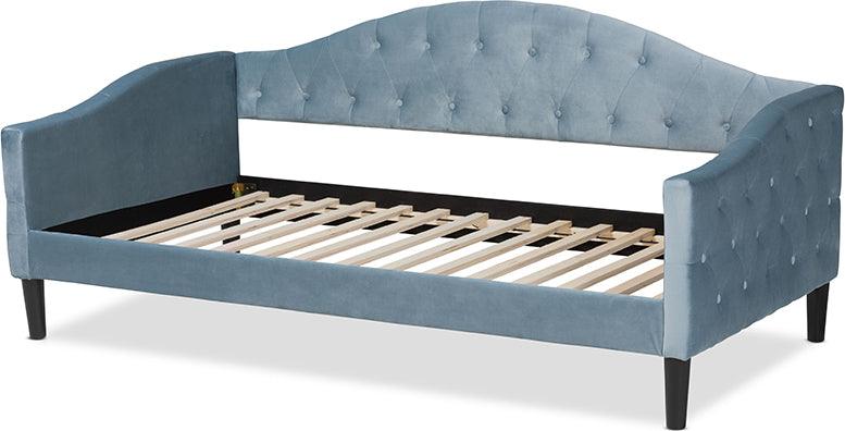 Wholesale Interiors Daybeds - Benjamin Modern Light Blue Velvet Fabric Upholstered and Dark Brown Finished Wood Twin Size Daybed