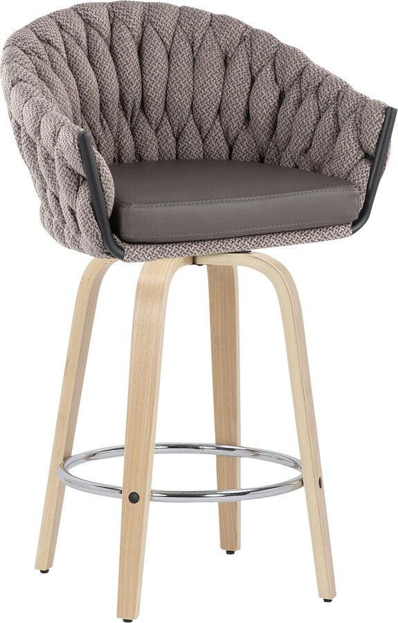 Lumisource Barstools - Braided Matisse Counter Stool With Natural Wood Legs & Round Chrome Footrest With Grey (Set of 2)