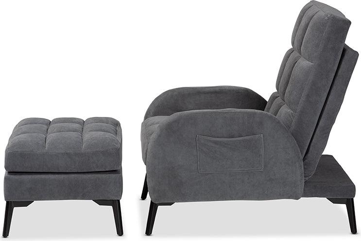 Wholesale Interiors Living Room Sets - Belden Grey Velvet Fabric Upholstered and Black Metal 2-Piece Recliner Chair and Ottoman Set