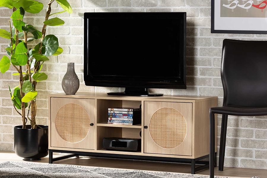 Wholesale Interiors TV & Media Units - Ardon Bohemian Light Brown Wood and Black Metal 2-Door TV Stand with Natural Rattan