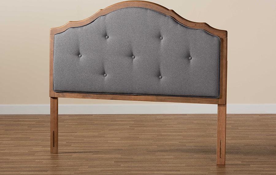 Wholesale Interiors Headboards - Gala Dark Grey Fabric Upholstered and Walnut Brown Finished Wood Queen Size Arched Headboard