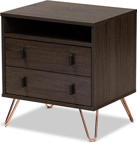 Wholesale Interiors Nightstands & Side Tables - Glover Dark Brown Finished Wood and Rose Gold-Tone Finished Metal 2-Drawer Nightstand