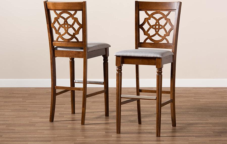 Wholesale Interiors Barstools - Alexandra Grey Fabric Upholstered and Walnut Brown Finished Wood 2-Piece Bar Stool Set