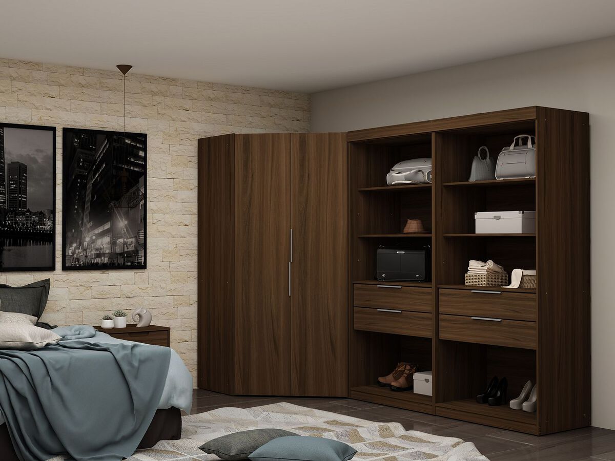 Manhattan Comfort Cabinets & Wardrobes - Mulberry 2.0 Semi Open 3 Sectional Modern Wardrobe Corner Closet with 4 Drawers - Set of 3 in Brown
